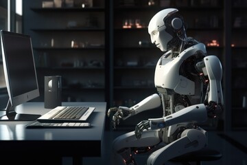 Obraz premium Robot sitting in front of computer - Generative AI