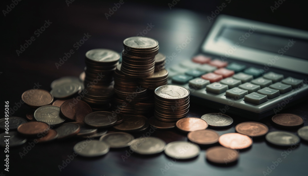 Poster stack of coins symbolize wealth and success generated by ai