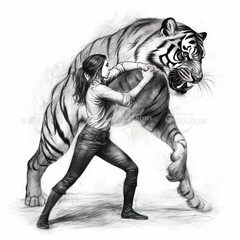 Woman fighting against tiger - Charcoal drawing - Generative AI