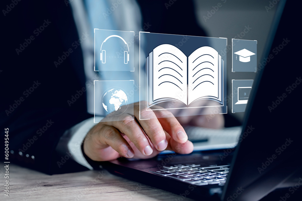 Aufkleber e-learning education, internet lessons and online webinar. person who attends online lessons on a di