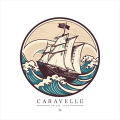 Sailing boat, caravelle, frigate on the water, vector logo emblem in asian style.