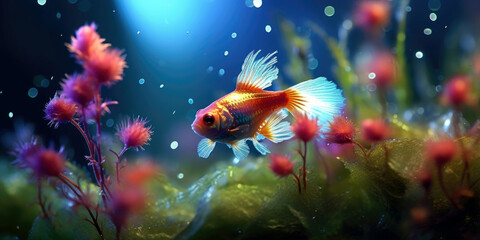 Fototapeta na wymiar fish in the water, bright wildlife, vibrant blured background, Generative AI