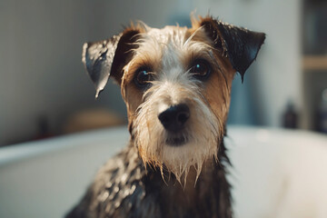 Funny cute dog sitting in bathtub. Home, bathroom.Dog spa. Dog grooming. Pet care, washing paws