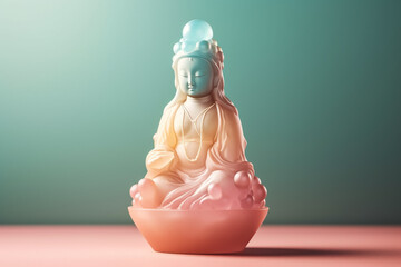 A row of pastel colored buddha statues are lined up against a blue background.