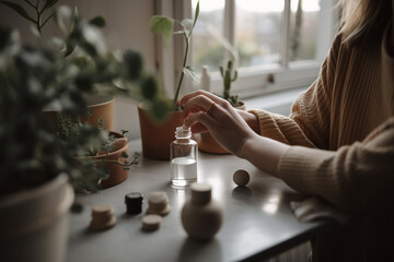 A woman sits on a windowsill, her hand is holding a white ball of white powder.