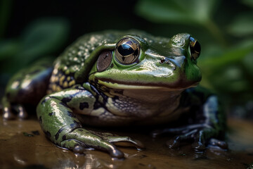 A frog sits in a pool of water.