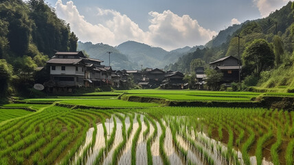 A rice field in front of a mountain
