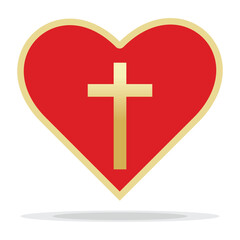 Obraz premium Red heart with gold cross inside. Jesus love symbol. God vector illustration. Catholic symbol flat vector, golden cross inside heart. Symbol of Christian cross inside heart shape.