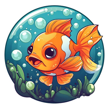 Sticker of a happy and cheerful goldfish with underwater background, waves, bubbles, algae, coral, Lucky Goldfish