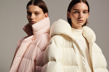 Two models wearing white coats one wearing a white coat with a pink collar
