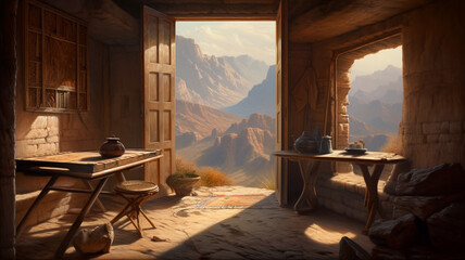 A painting of a room with a view of the mountains