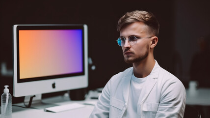 A man in a white coat sits in front of an apple computer.