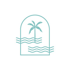 Fototapeta na wymiar A palm tree on a beach with a wave in the background Logo design vector illustration