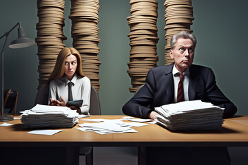 A man and a woman sit at a desk with stacks of stacks of paper behind them.