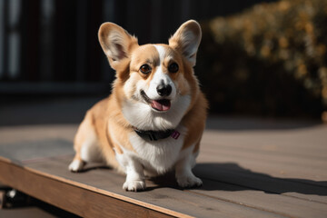 A corgi dog sits on a wooden deck