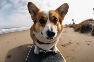 A dog on a surfboard with a dog on it