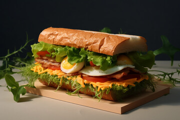 A sandwich with a sandwich on it and a sandwich on a wooden board.