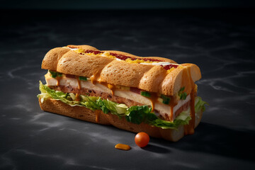 A sub sandwich with a tomato sauce and mustard on it.