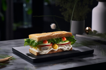 A sandwich with a white and green tomato on it