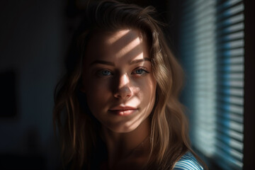 A woman with blue eyes and a striped shirt is standing in front of a window