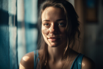 A woman in a blue tank top smiles at the camera.