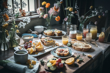 A table full of breakfasts and a vase of flowers