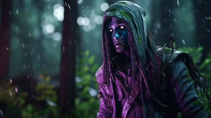 A woman in a purple hoodie stands in the rain in a forest.