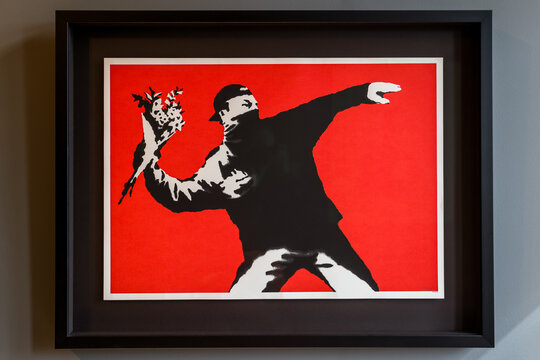Amsterdam, Netherlands - March 30, 2023: Works by Banksy at the Moco Museum in Amsterdam
