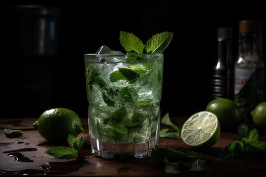 A glass of mojito with mint leaves on a table