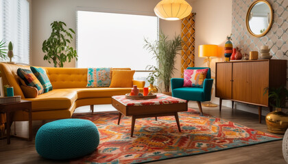 Fototapeta premium Comfortable modern living room with vibrant decoration generated by AI