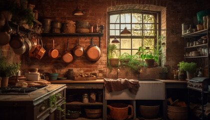Obraz na płótnie Canvas Rustic kitchen shelf displays old fashioned pottery collection generated by AI