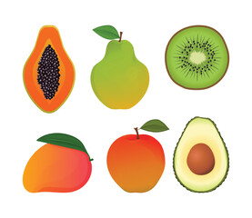 Tropical fruits set. Mango and papaya, avocado and kiwi as well as pear and apple icons