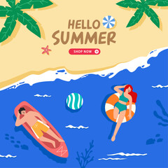 Hello Summer Sale poster and banner template.Top view beach background with human,balls,swim ring,starfish and sea.