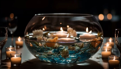 Obraz na płótnie Canvas Glowing candlelight illuminates elegant wineglass decor generated by AI