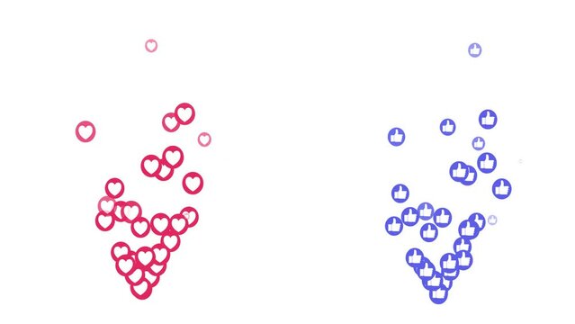 two rising streams of likes and hearts on a white background and alpha channel