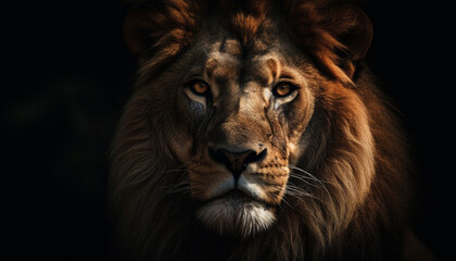 Majestic lion staring, focus on foreground grass generated by AI