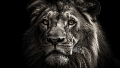 Fototapeta premium Majestic black and white lion staring fiercely generated by AI