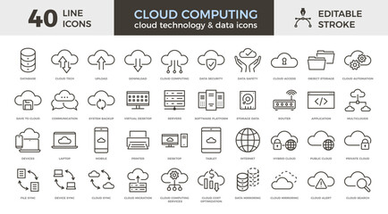 40 vector thin line icons related with cloud computing, technology, infrastructure and data. Editable stroke - obrazy, fototapety, plakaty