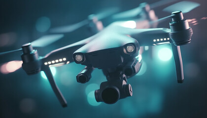Futuristic drone hovers mid air, filming with precision generated by AI