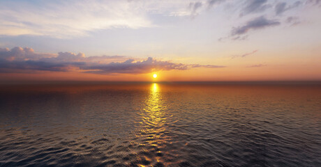 ULTRA HD. Panorama of sea sunrise, ocean sunrise, seascape. Romantic colorful sunset at the sea. The sun touches horizon. 3d rendering.