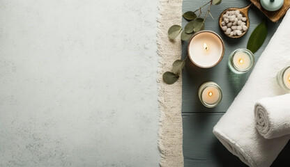 Serene Relaxation Haven. Empty background with a massage table adorned with towels, candles, and aromatherapy oils. Copy space for text. Spa retreat, wellness AI Generative