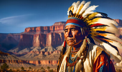 War Bonnet Chief: Honoring Native American Culture at the Grand Canyon. - obrazy, fototapety, plakaty