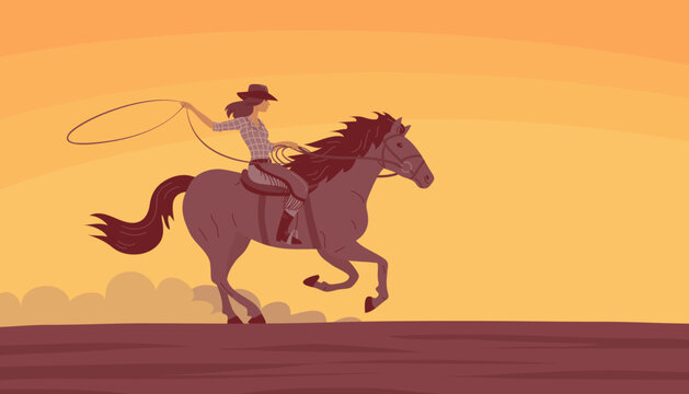 Beautiful cowboy girl in a hat rides a horse. Desert and hot sunset. Athletic agile woman swinging rope lasso. Wild West landscape, western, rodeo and horse racing. Cartoon vector illustration