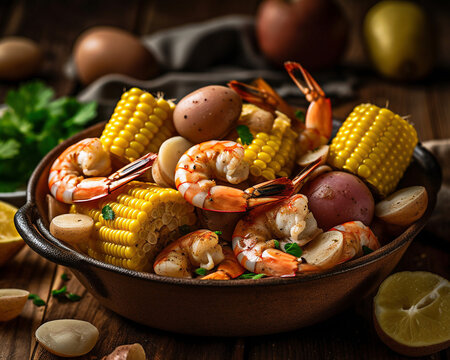 food: shrimp boil, low country style (generative ai content)