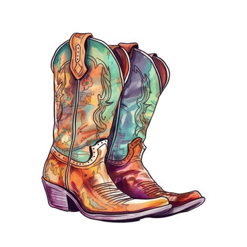 A retro-inspired watercolor illustration of cowgirl boots, with a vintage color palette and bold, graphic shapes, Generative Ai