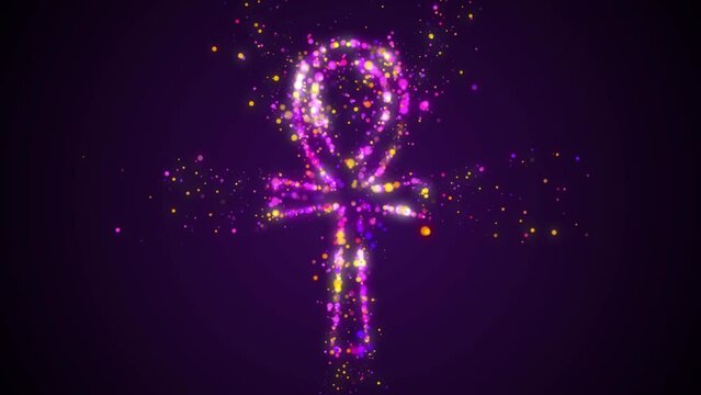 Attractive Abstract Purple Yellow Shiny twinkle Ankh Key Of Life Ancient Egypt Symbol Dotted Lines Silhouette With Glitter Sparkle Particles, Seamless Loop