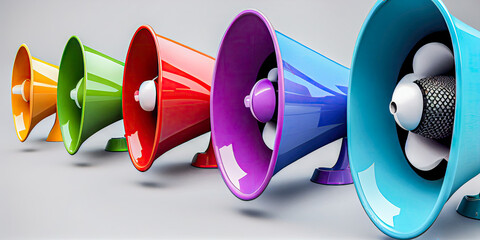 Colorful loudspeakers megaphone set white background, concept graphic resources, Generative AI	