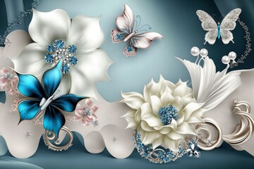 3D jewelry white and blue flower and butterfly with satin texture 3d design, Generative AI 