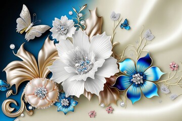 3D jewelry white and blue flower and butterfly with satin texture 3d design, Generative AI 