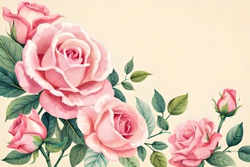 Border made of pink watercolor roses flowers and green leaves, wedding and greeting illustration. Generative AI